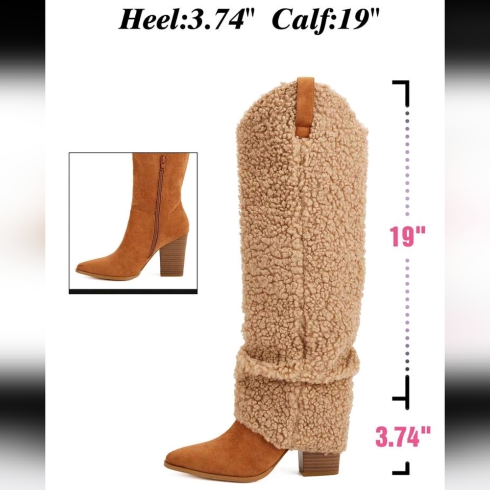 Women Knee High Boots Western Cowboy Boots Chunky Heel Warm Boots Slouch Tall - Picture 4 of 5